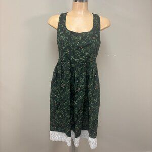 Vintage Handmade Dress Small Green Cotton Babydoll Floral Square Neck Sleeveless